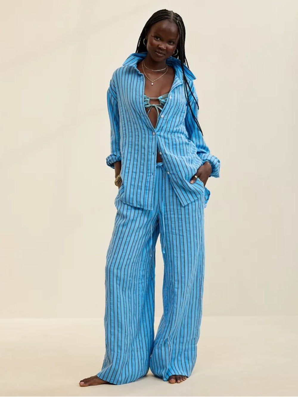 New aerie Day Off Cover Up Striped Button Down Shirt  XXS Pants Small Set